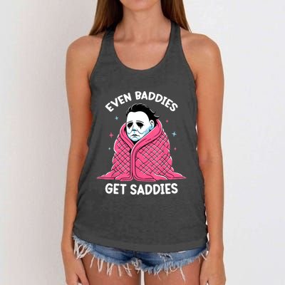 Even Baddies Get Saddies Raccoon Funny Oddly Specific Meme Women's Knotted Racerback Tank