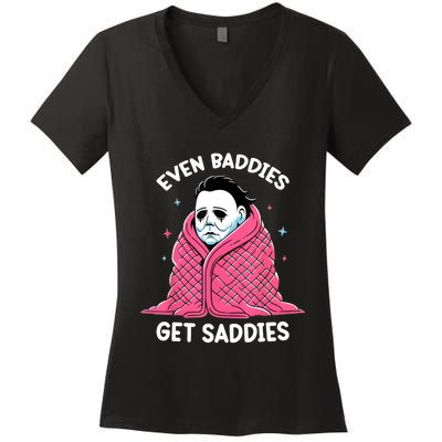 Even Baddies Get Saddies Raccoon Funny Oddly Specific Meme Women's V-Neck T-Shirt