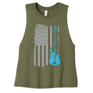 Electric Bass Guitar Player American Flag Musician Women's Racerback Cropped Tank