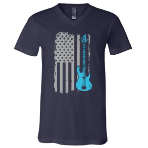 Electric Bass Guitar Player American Flag Musician V-Neck T-Shirt