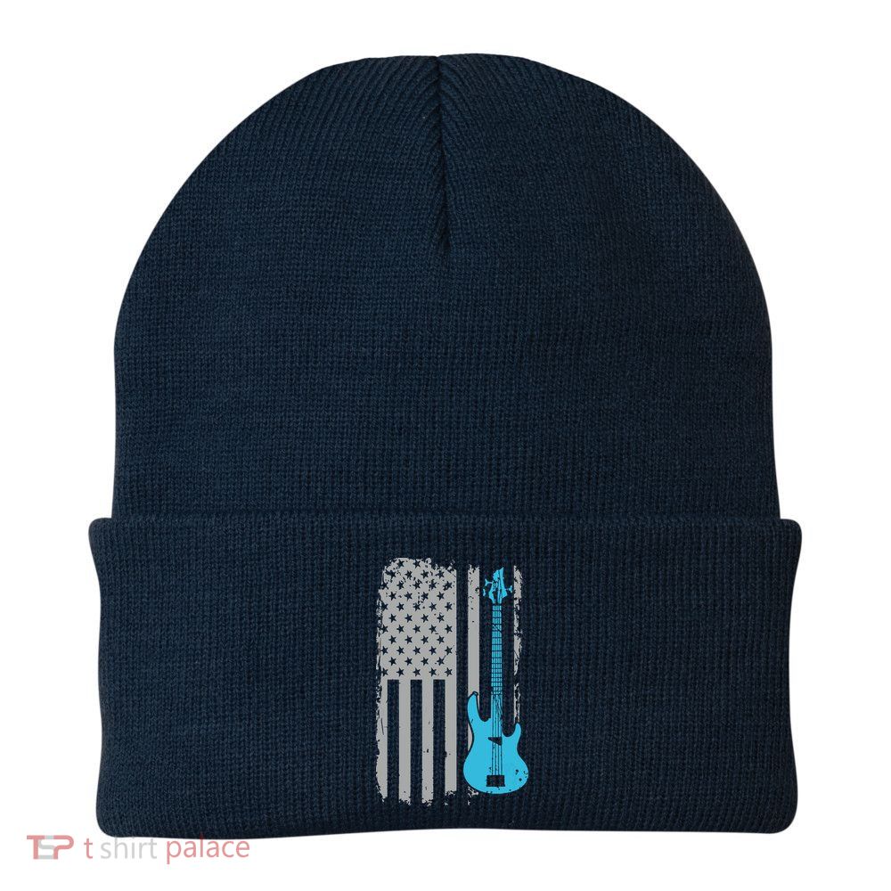 Electric Bass Guitar Player American Flag Musician Knit Cap Winter Beanie