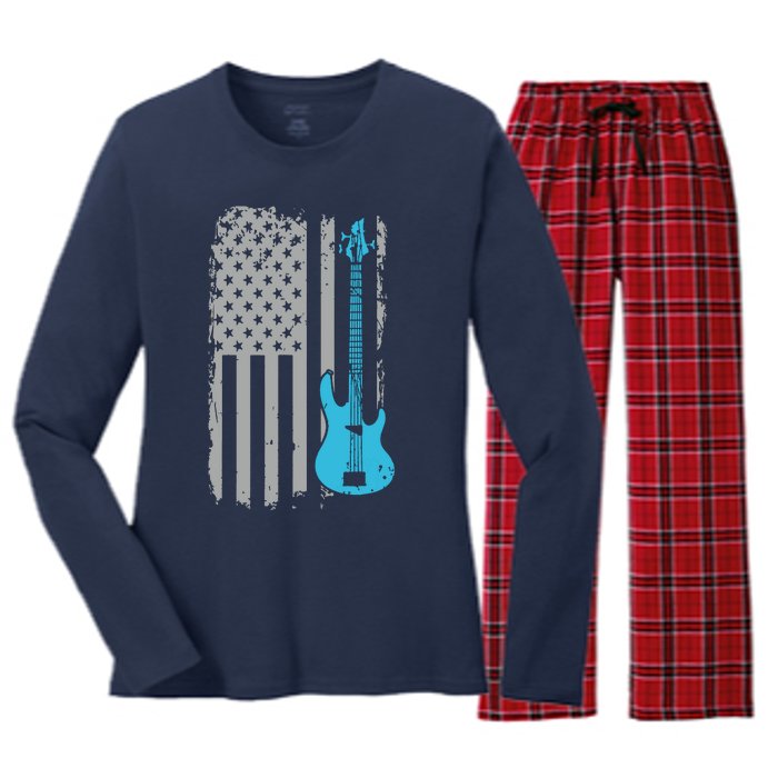 Electric Bass Guitar Player American Flag Musician Women's Long Sleeve Flannel Pajama Set 