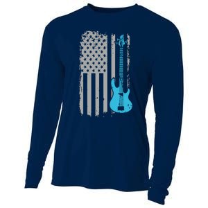 Electric Bass Guitar Player American Flag Musician Cooling Performance Long Sleeve Crew