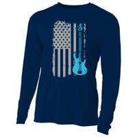 Electric Bass Guitar Player American Flag Musician Cooling Performance Long Sleeve Crew