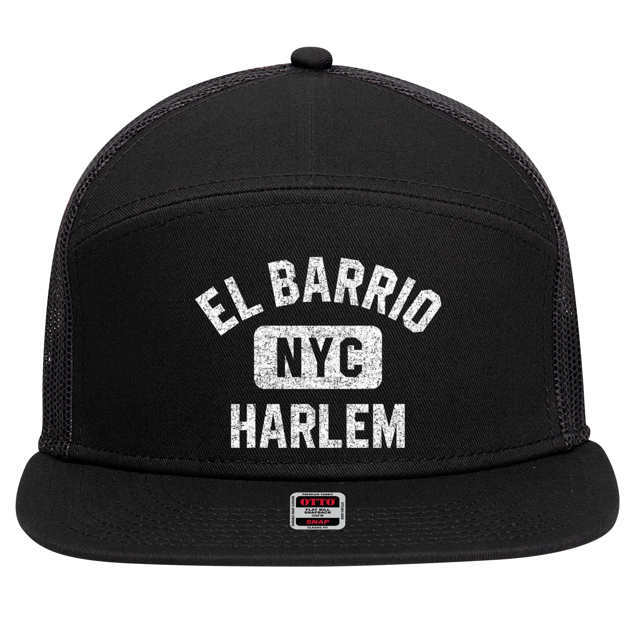 El Barrio Harlem Nyc Gym Style Distressed White Print Gift 7 Panel Mesh Trucker Snapback Hat