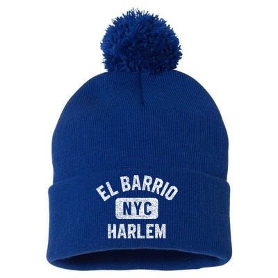 El Barrio Harlem Nyc Gym Style Distressed White Print Gift Pom Pom 12in Knit Beanie
