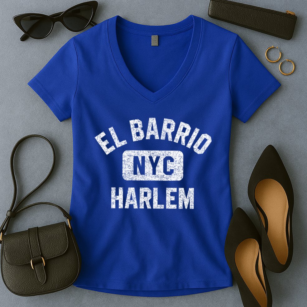 El Barrio Harlem Nyc Gym Style Distressed White Print Gift Women's V-Neck T-Shirt