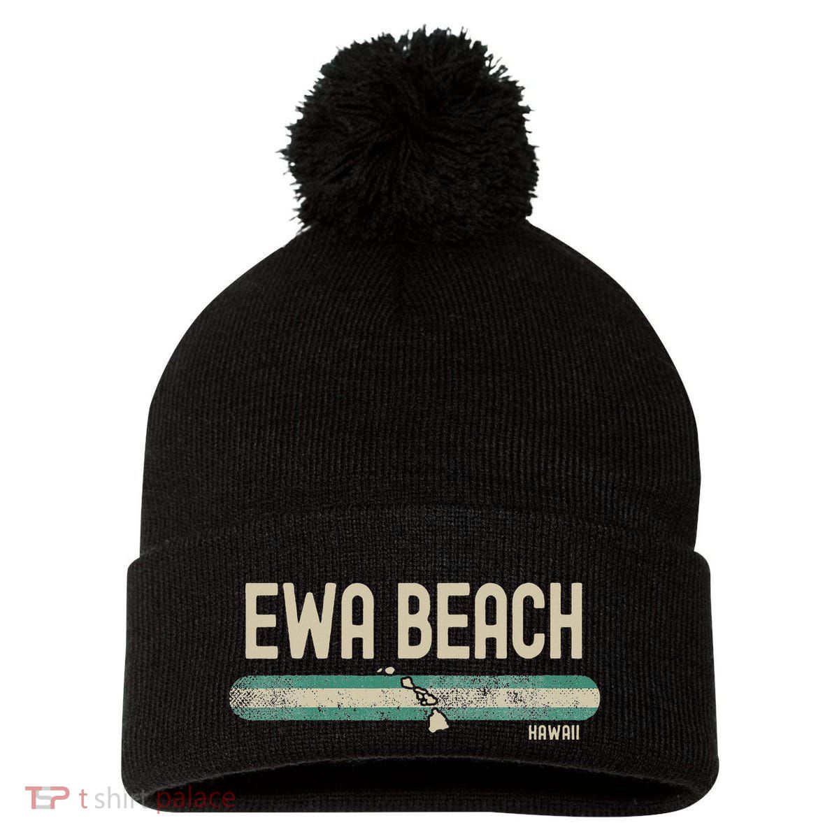 Ewa Beach Hi Hawaii Travel & 80s Style Pom Pom 12in Knit Beanie