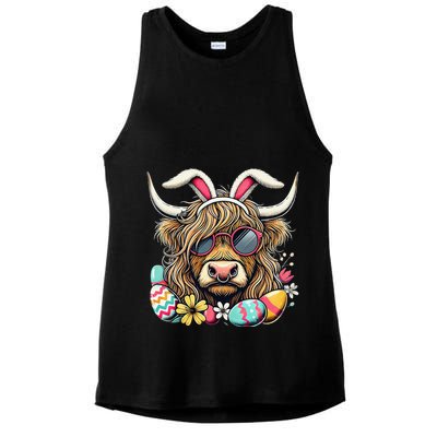 Easter Bunny Highland Cow Vibes Retro Shades Ladies PosiCharge Tri-Blend Wicking Tank