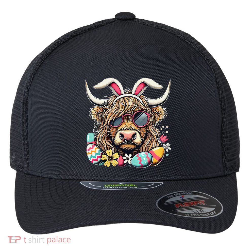 Easter Bunny Highland Cow Vibes Retro Shades Flexfit Unipanel Trucker Cap