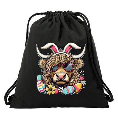 Easter Bunny Highland Cow Vibes Retro Shades Drawstring Bag