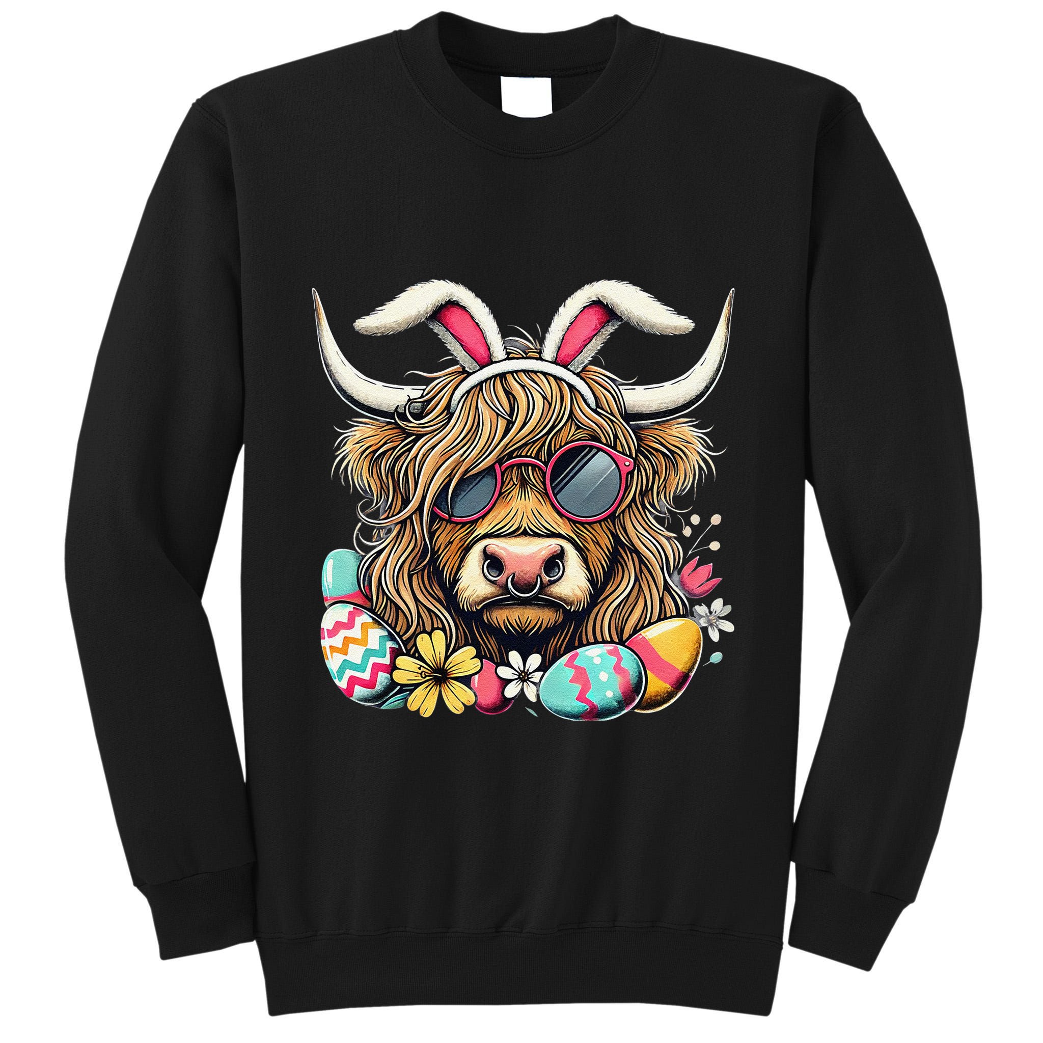 Easter Bunny Highland Cow Vibes Retro Shades Tall Sweatshirt