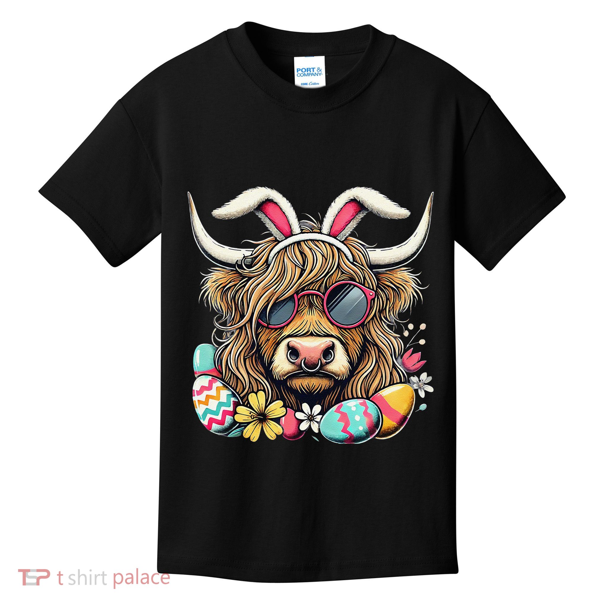 Easter Bunny Highland Cow Vibes Retro Shades Kids T-Shirt