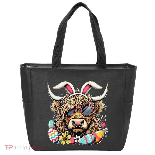 Easter Bunny Highland Cow Vibes Retro Shades Zip Tote Bag