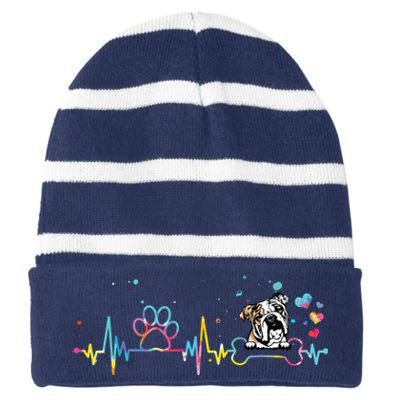 English Bulldog Heartbeat Funny Tie Dye Dog Lovers Striped Beanie with Solid Band