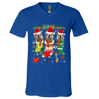 English Bulldogs In Christmas Socks Puppy Lovers Xmas Meaningful Gift V-Neck T-Shirt