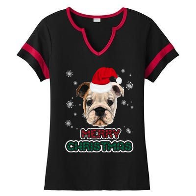 English Bulldog In Santa Hat Merry Christmas Funny Dog Xmas Gift Ladies Halftime Notch Neck Tee