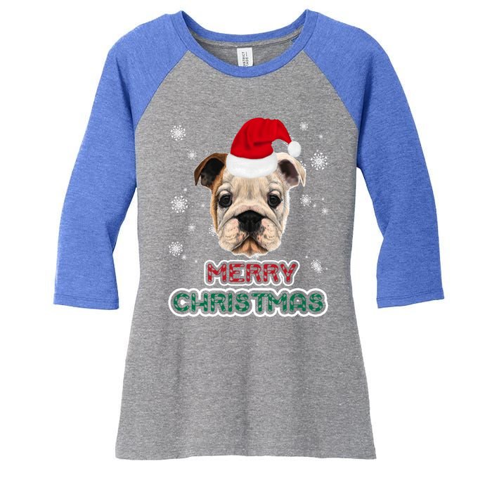 English Bulldog In Santa Hat Merry Christmas Funny Dog Xmas Gift Women's Tri-Blend 3/4-Sleeve Raglan Shirt