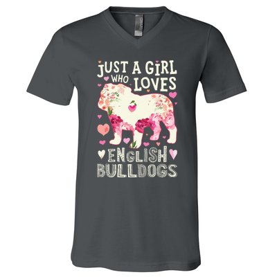 English Bulldog Just A Girl Who Loves Dog Flower Floral V-Neck T-Shirt