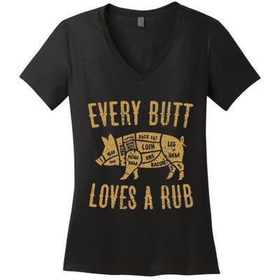 Every Butt Loves A Good Rub Funny Pig Pork Bbq Women's V-Neck T-Shirt