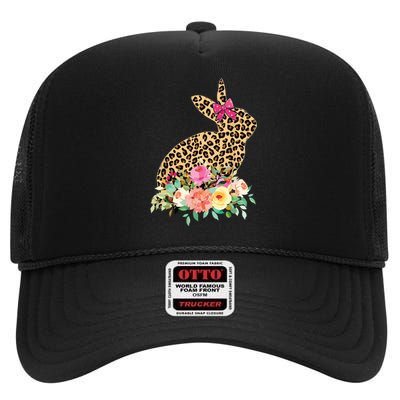 Easter Bunny Leopard Print Women Happy Easter Day High Crown Mesh Back Trucker Hat