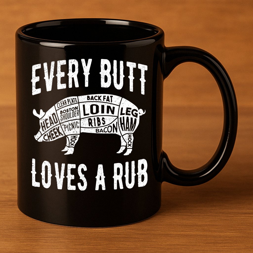Every Butt Loves A Rub Funny BBQ Meat Smoker Barbecue 11oz C Handle Ceramic Mug