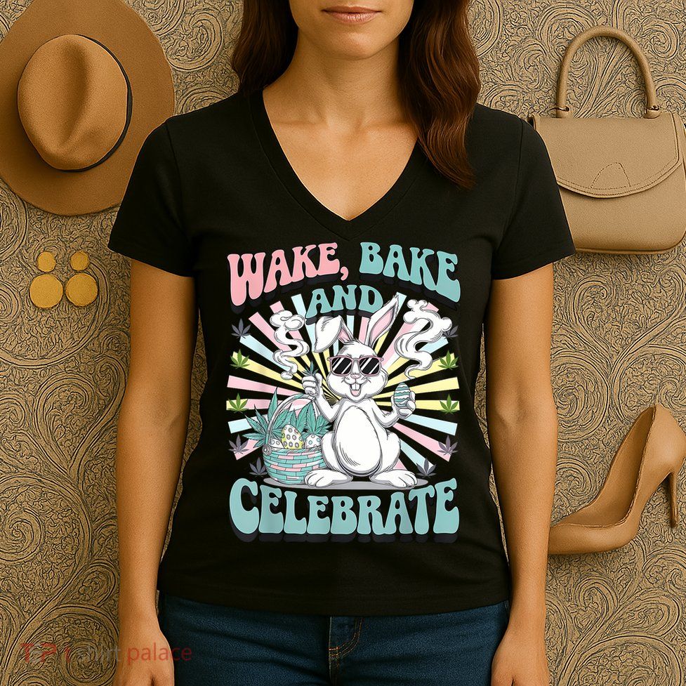 Easter Bunny Marijuana Cannabis Stoned 420 Weed Happy 420 Women's V-Neck T-Shirt