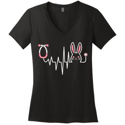 Easter Bunny Nurse Doctor Stethoscope Heartbeat Women's V-Neck T-Shirt