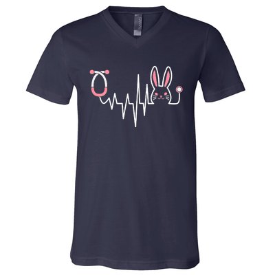 Easter Bunny Nurse Doctor Stethoscope Heartbeat V-Neck T-Shirt