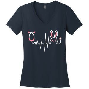 Easter Bunny Nurse Doctor Stethoscope Heartbeat Women's V-Neck T-Shirt