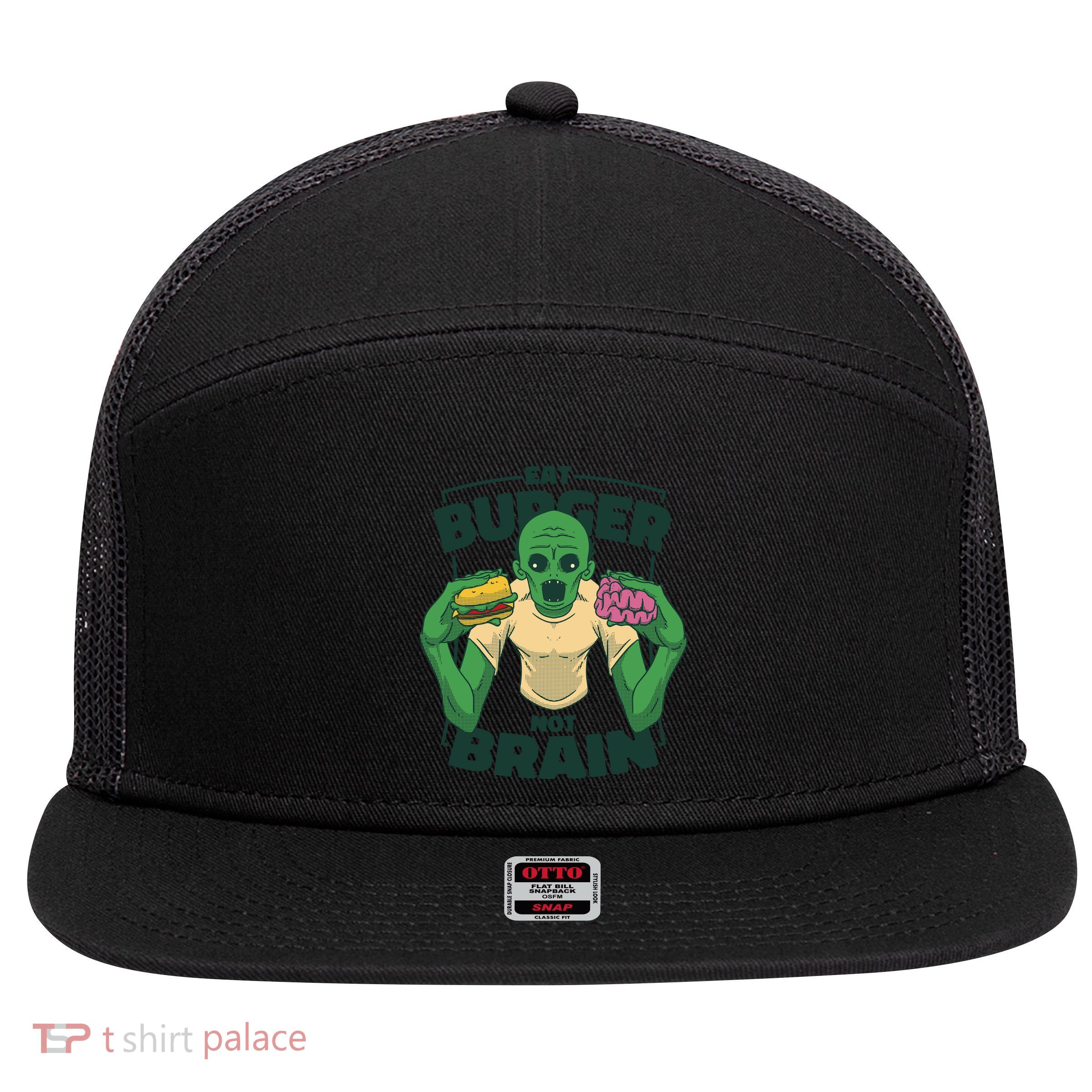 Eat Burger Not Brain Funny Zombie 7 Panel Mesh Trucker Snapback Hat