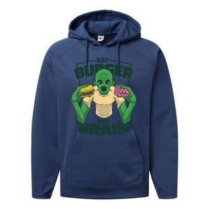 Eat Burger Not Brain Funny Zombie Performance Fleece Hoodie