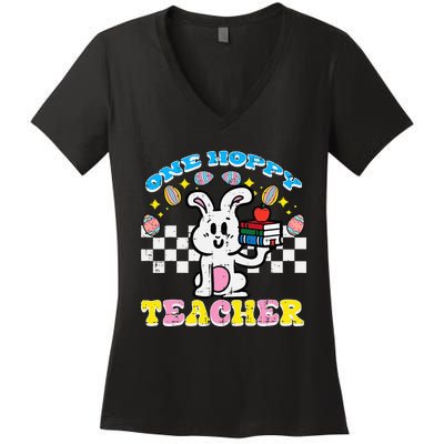 Easter Bunny One Hoppy Teacher Retro Rabbit Women's V-Neck T-Shirt