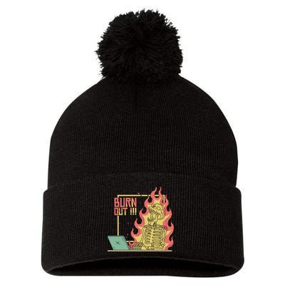 Emotionally Burnt Out Skeleton On Fire Pom Pom 12in Knit Beanie