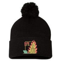 Emotionally Burnt Out Skeleton On Fire Pom Pom 12in Knit Beanie