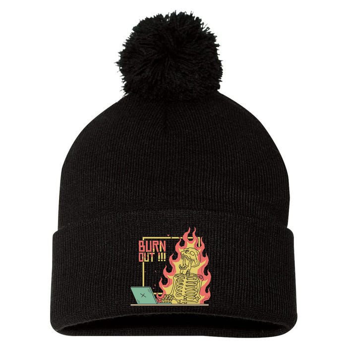 Emotionally Burnt Out Skeleton On Fire Pom Pom 12in Knit Beanie