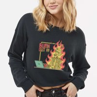 Emotionally Burnt Out Skeleton On Fire Cropped Pullover Crew