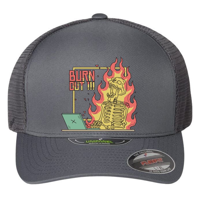 Emotionally Burnt Out Skeleton On Fire Flexfit Unipanel Trucker Cap