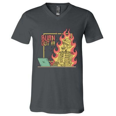 Emotionally Burnt Out Skeleton On Fire V-Neck T-Shirt