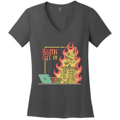 Emotionally Burnt Out Skeleton On Fire Women's V-Neck T-Shirt