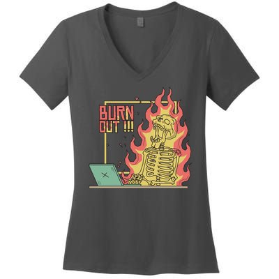 Emotionally Burnt Out Skeleton On Fire Women's V-Neck T-Shirt