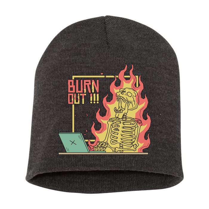 Emotionally Burnt Out Skeleton On Fire Short Acrylic Beanie