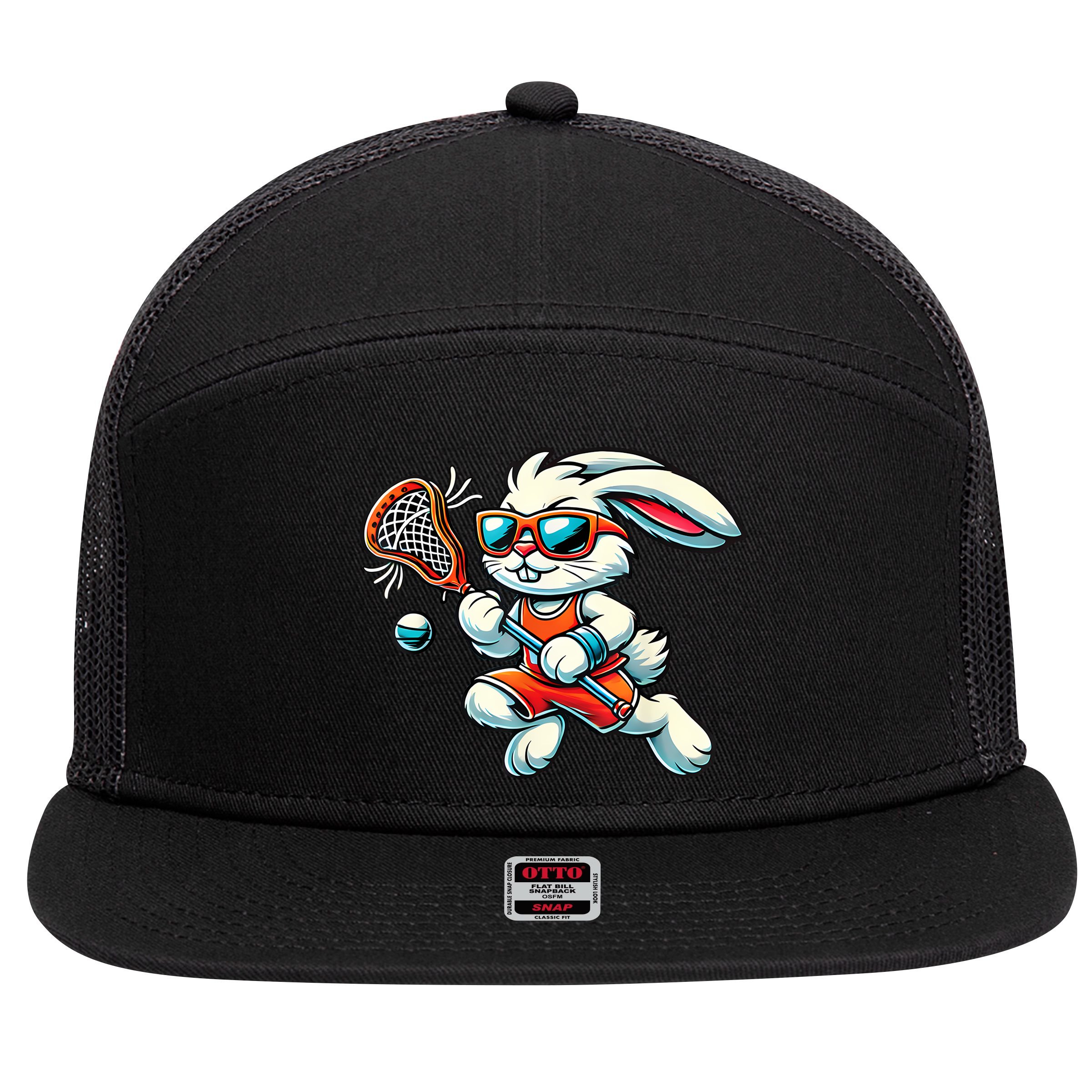 Easter Bunny Playing Lacrosse Cute Lacrosse Players 7 Panel Mesh Trucker Snapback Hat