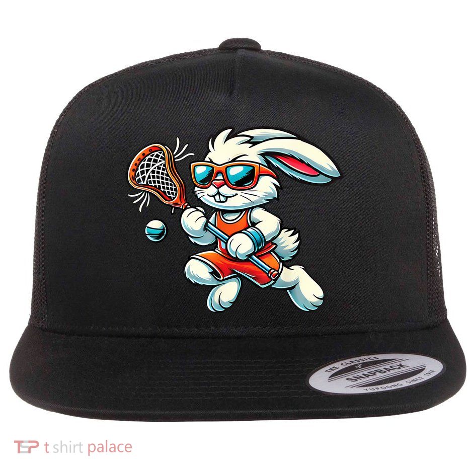 Easter Bunny Playing Lacrosse Cute Lacrosse Players Flat Bill Trucker Hat