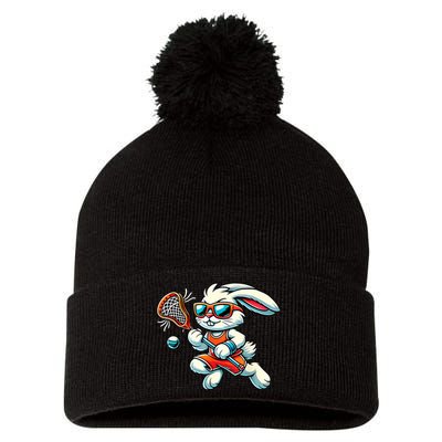 Easter Bunny Playing Lacrosse Cute Lacrosse Players Pom Pom 12in Knit Beanie
