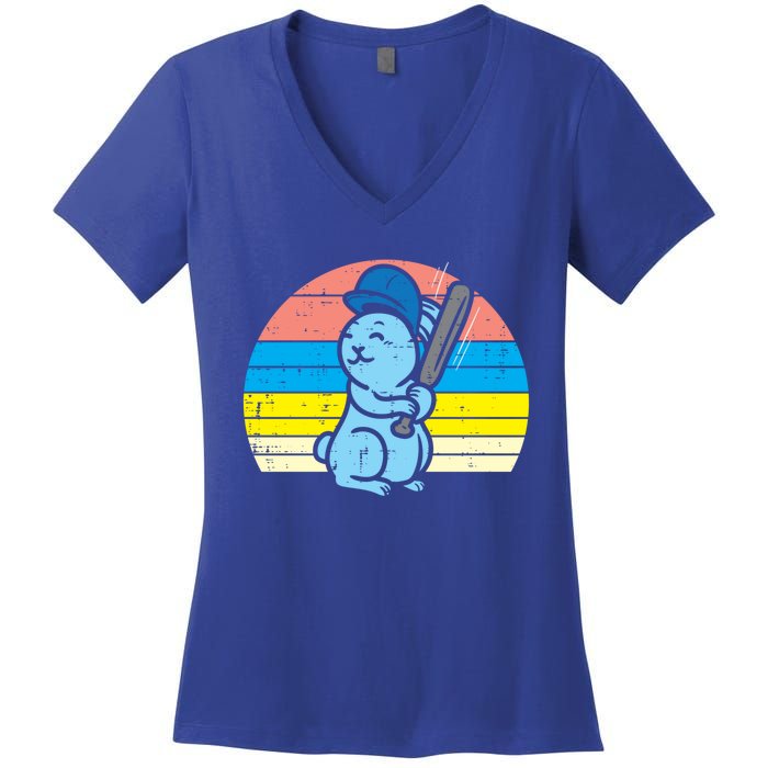 Easter Bunny Playing Baseball Retro Sports Gift Women's V-Neck T-Shirt