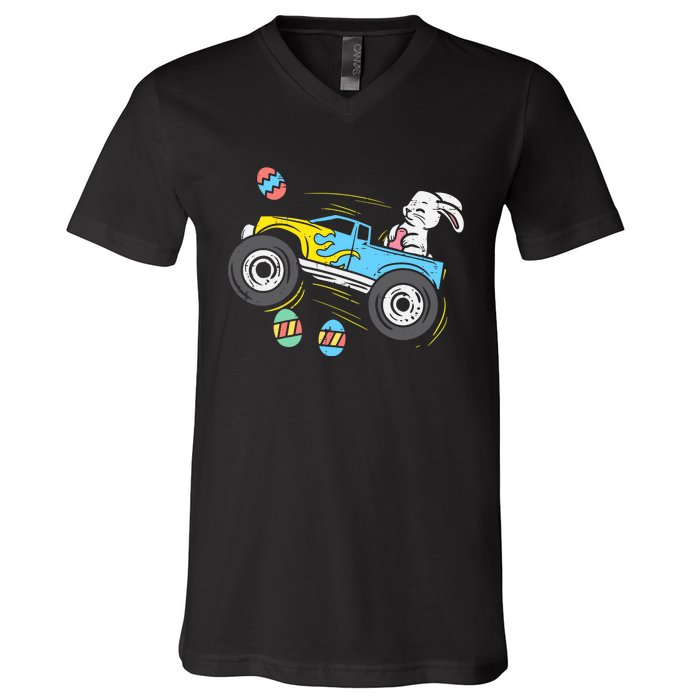 Easter Bunny Riding Monster Truck Cute Boy V-Neck T-Shirt