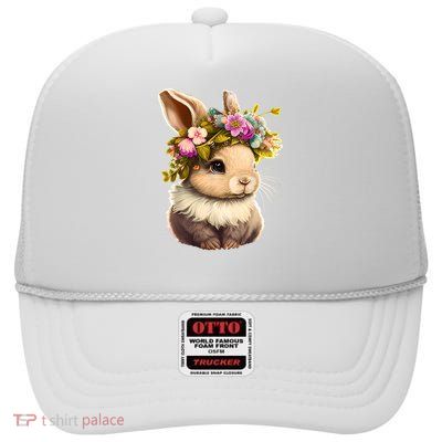 Easter Bunny Rabbit Women - Happy Bunny Flower Graphic Girl High Crown Mesh Back Trucker Hat