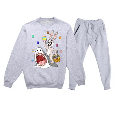 Easter Bunny Riding Shark Funny Eggs Basket Boy Girl Premium Crewneck Sweatsuit Set