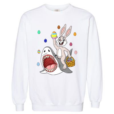 Easter Bunny Riding Shark Funny Eggs Basket Boy Girl Garment-Dyed Sweatshirt